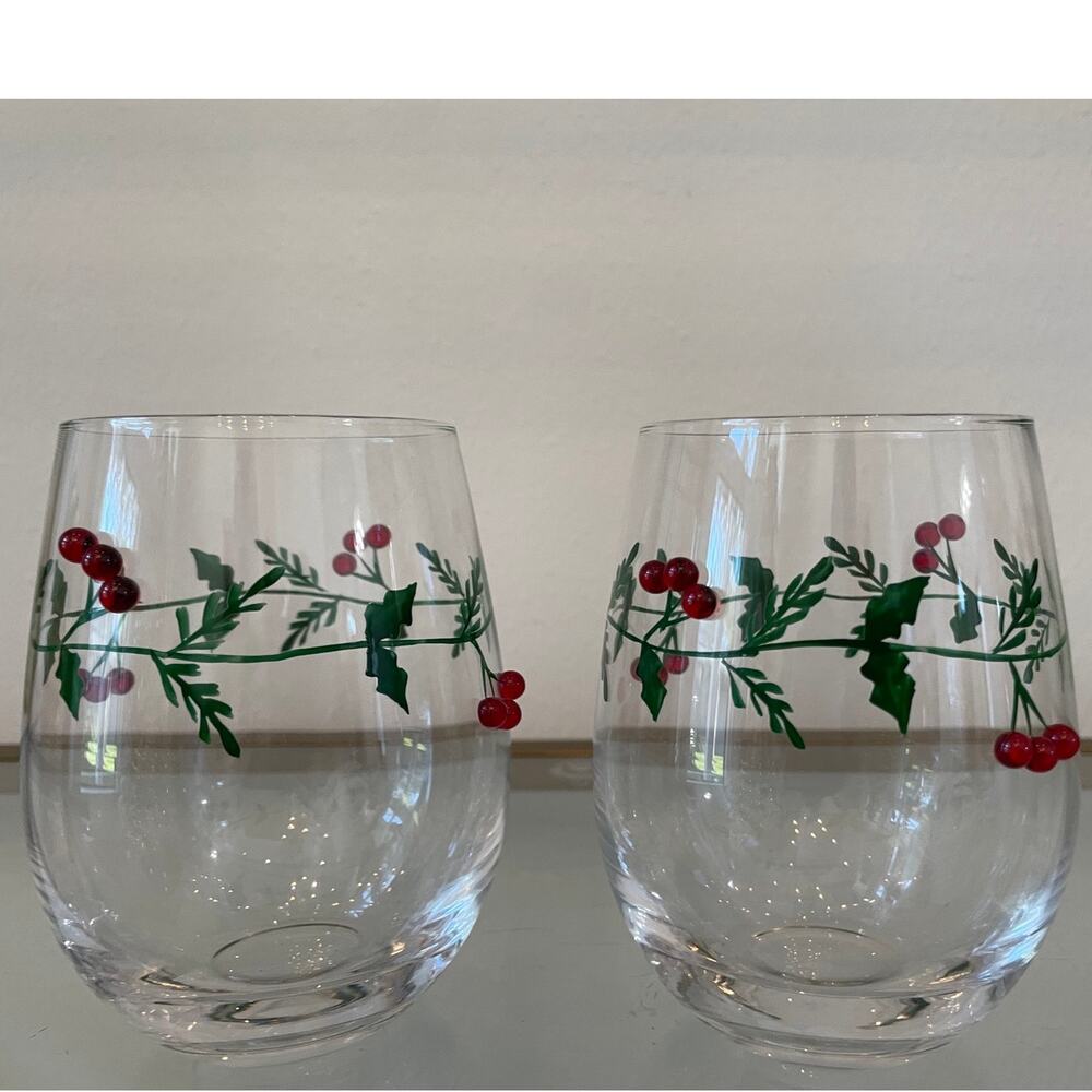 Christmas Stemless Wine Glass Set of 2 Jeweled Holiday Holly Berries NEW
